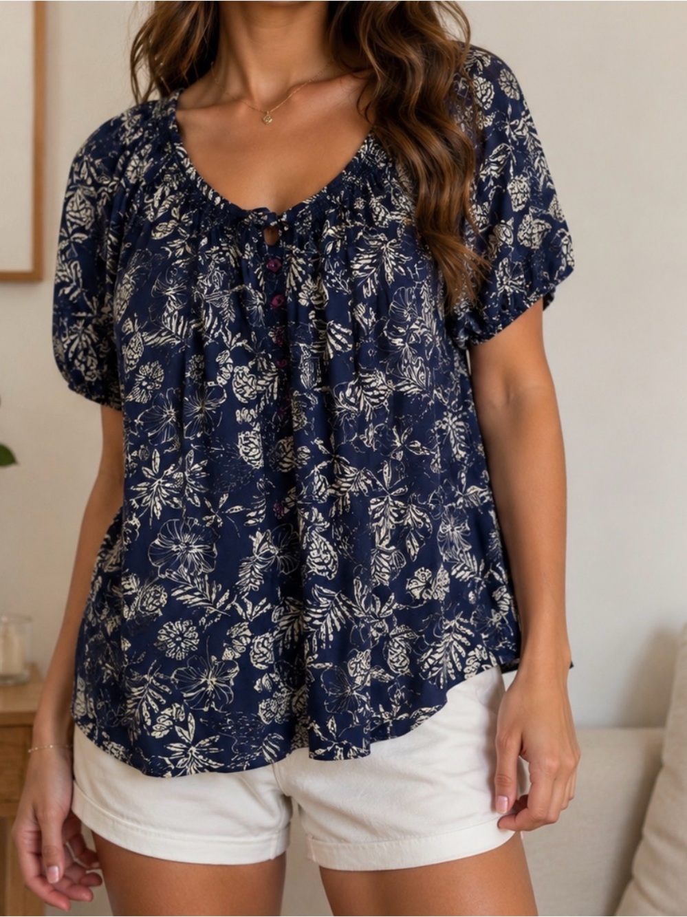 Navy Floral Short-Sleeve Peasant Top